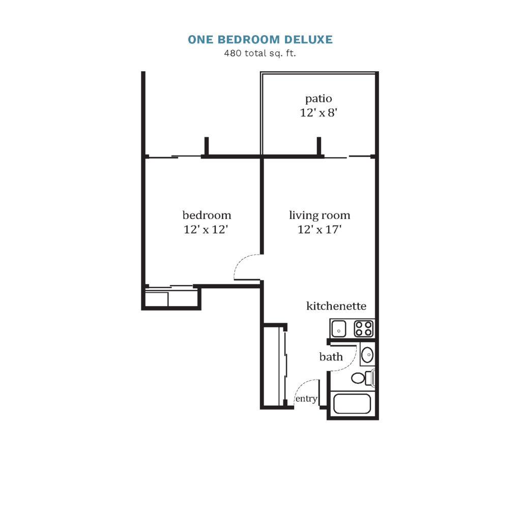 A floor plan image of a One Bedroom Deluxe apartment.