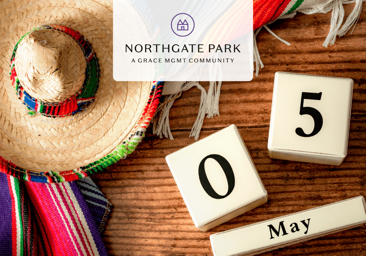 Hero image for Northgate Park community page featuring a straw hat, colorful woven textiles, and calendar blocks showing 05 and May against a wooden background.