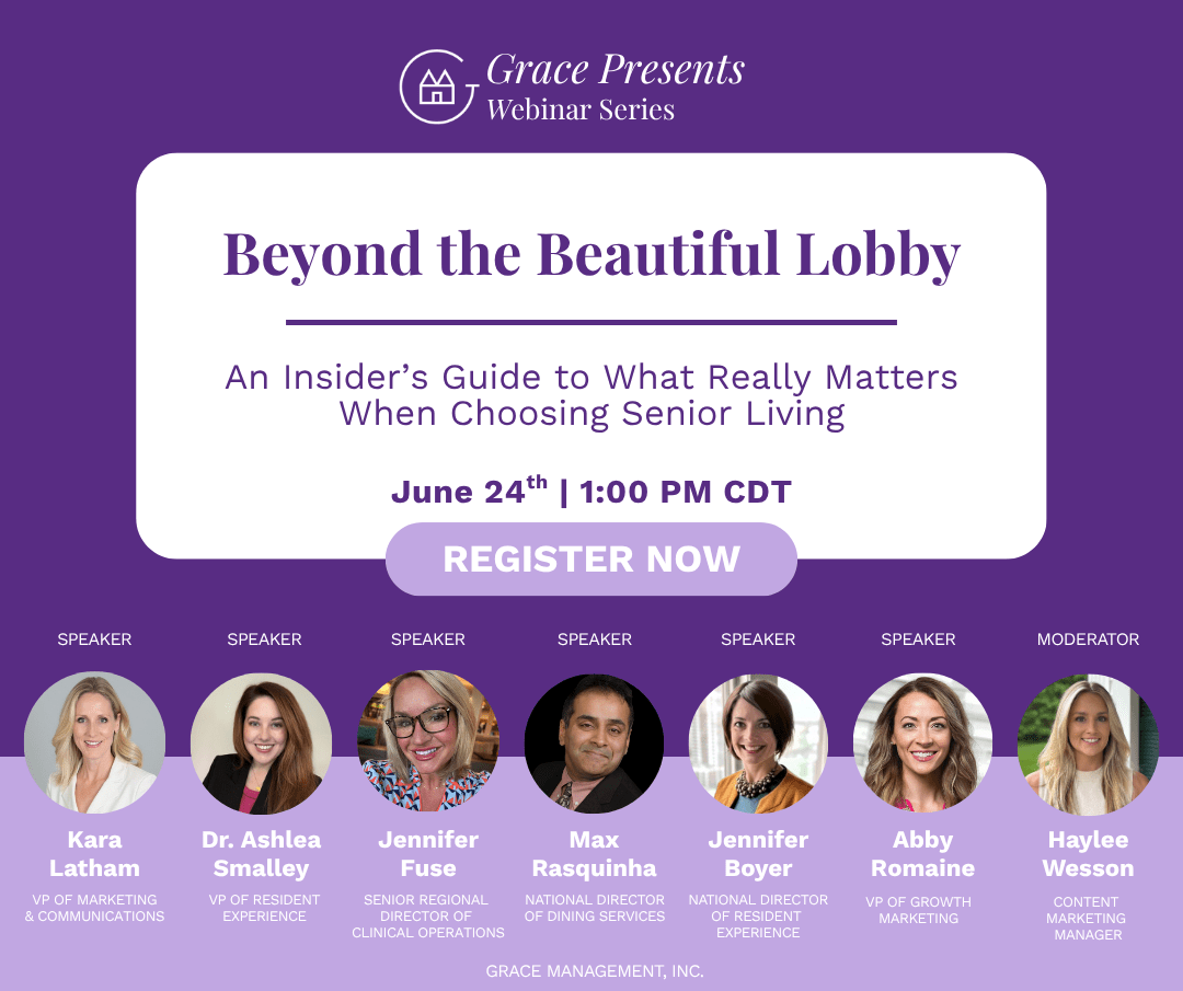 Promotional banner for Grace Presents Webinar Series 'Beyond the Beautiful Lobby' with date June 24, 1:00 PM CDT, a 'Register Now' button, and headshots of seven speakers and a moderator with their titles.