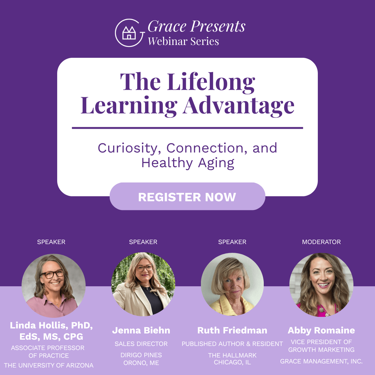 Promo banner for Grace Presents Webinar Series: The Lifelong Learning Advantage with a Register Now button on purple background.